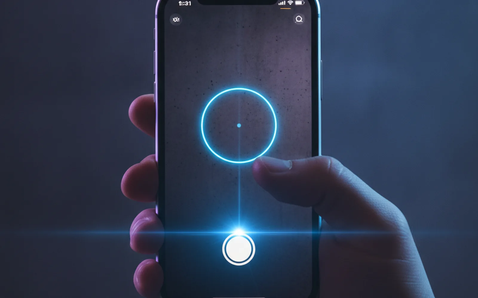 iPhone в руке разработчика с интерфейсом Camera API и кольцом фокусировки