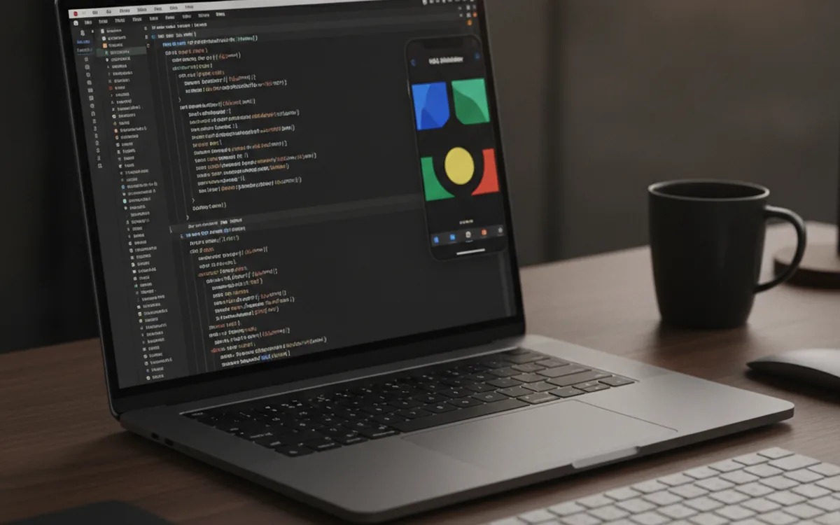 MacBook Pro с тёмным редактором Xcode и кодом Swift, рядом iOS Simulator с запущенным приложением