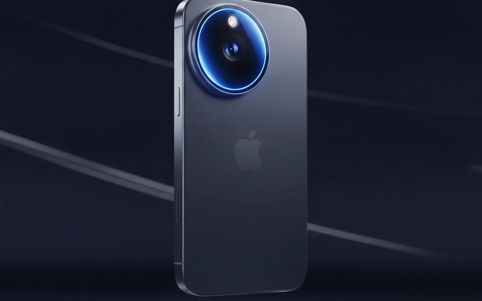 iPhone 18 Pro с синим кольцом подсветки камеры на тёмном фоне