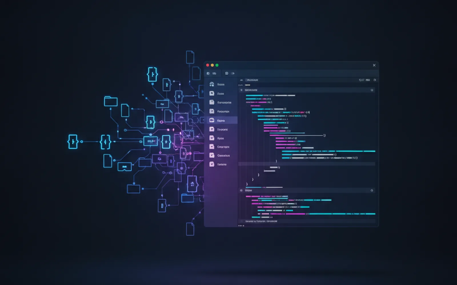 Стилизованная схема перехода от файловой структуры проекта к JSON-объекту на тёмном фоне — Xcode 27.2