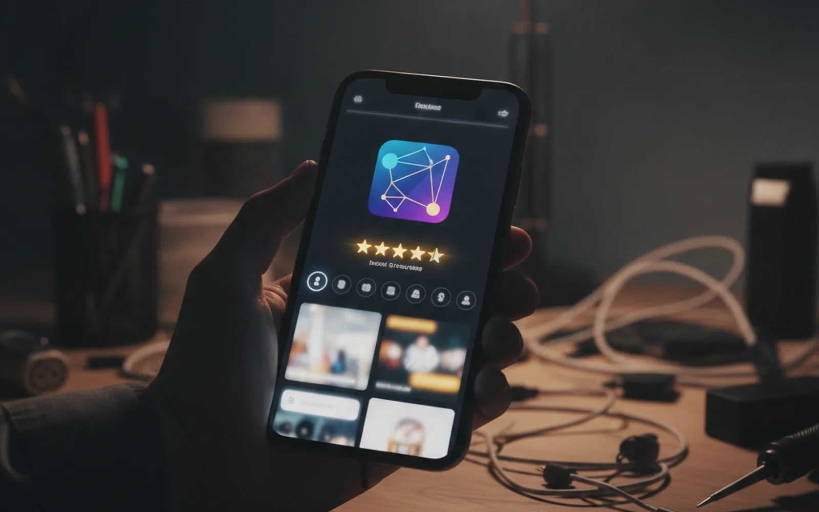 Карточка приложения на экране iPhone в руке, иконка и рейтинг звёздами, тёмный фон мастерской разработчика