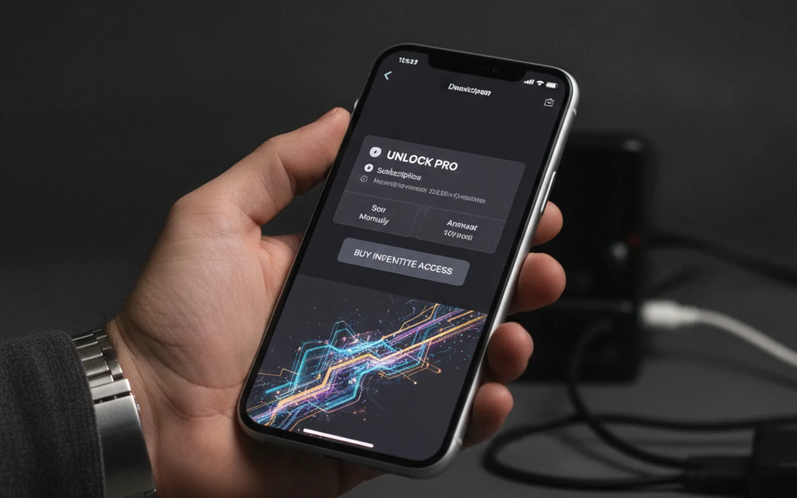 Рука держит iPhone с экраном подписки и разовой покупки внутри творческого приложения, тёмный фон
