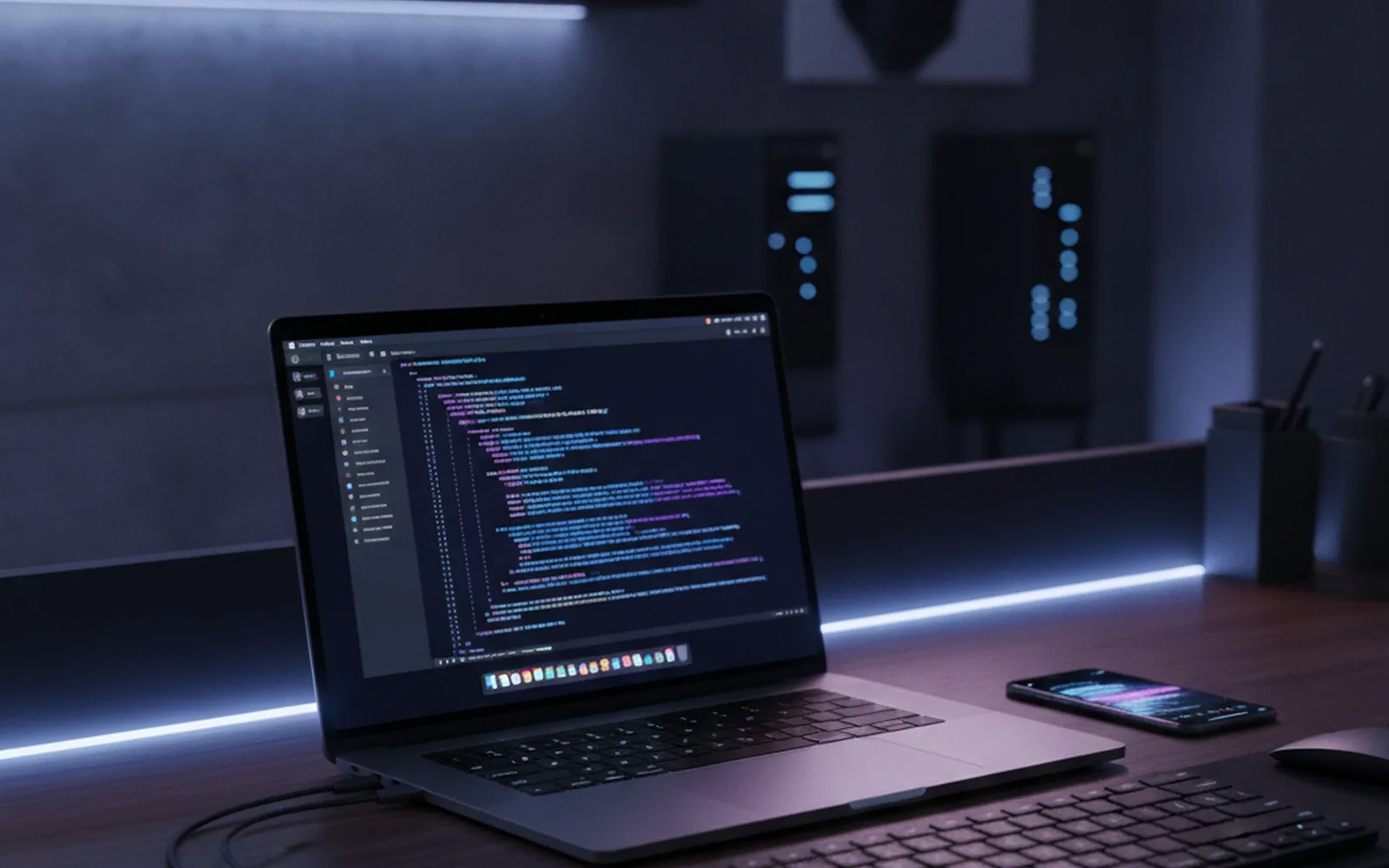 Mac и iPhone на столе с размытым свечением кода на экране ноутбука, тёмная атмосфера рабочего места разработчика