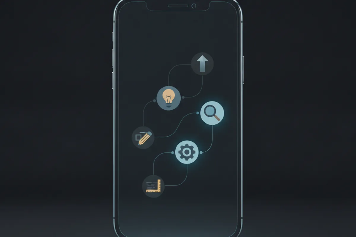 Абстрактная схема этапов разработки iOS-приложения на экране смартфона: идея, дизайн, разработка, тестирование