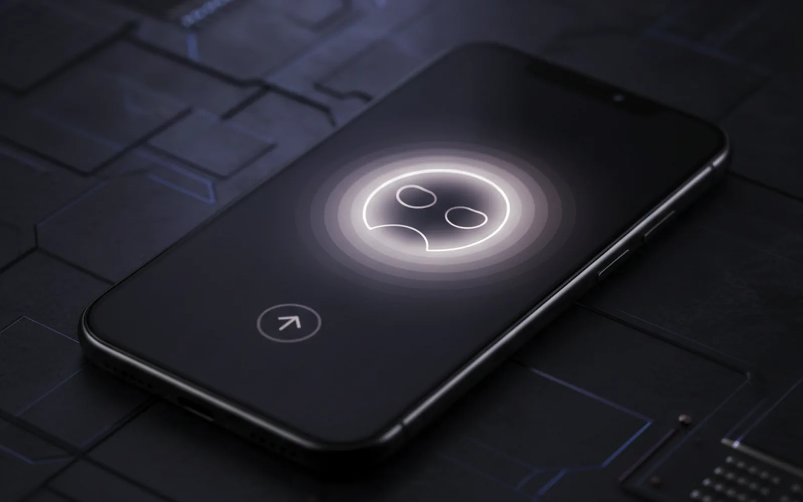 Смартфон с анимацией сканирования Face ID на тёмном фоне — визуал к выходу iOS 27.0.1