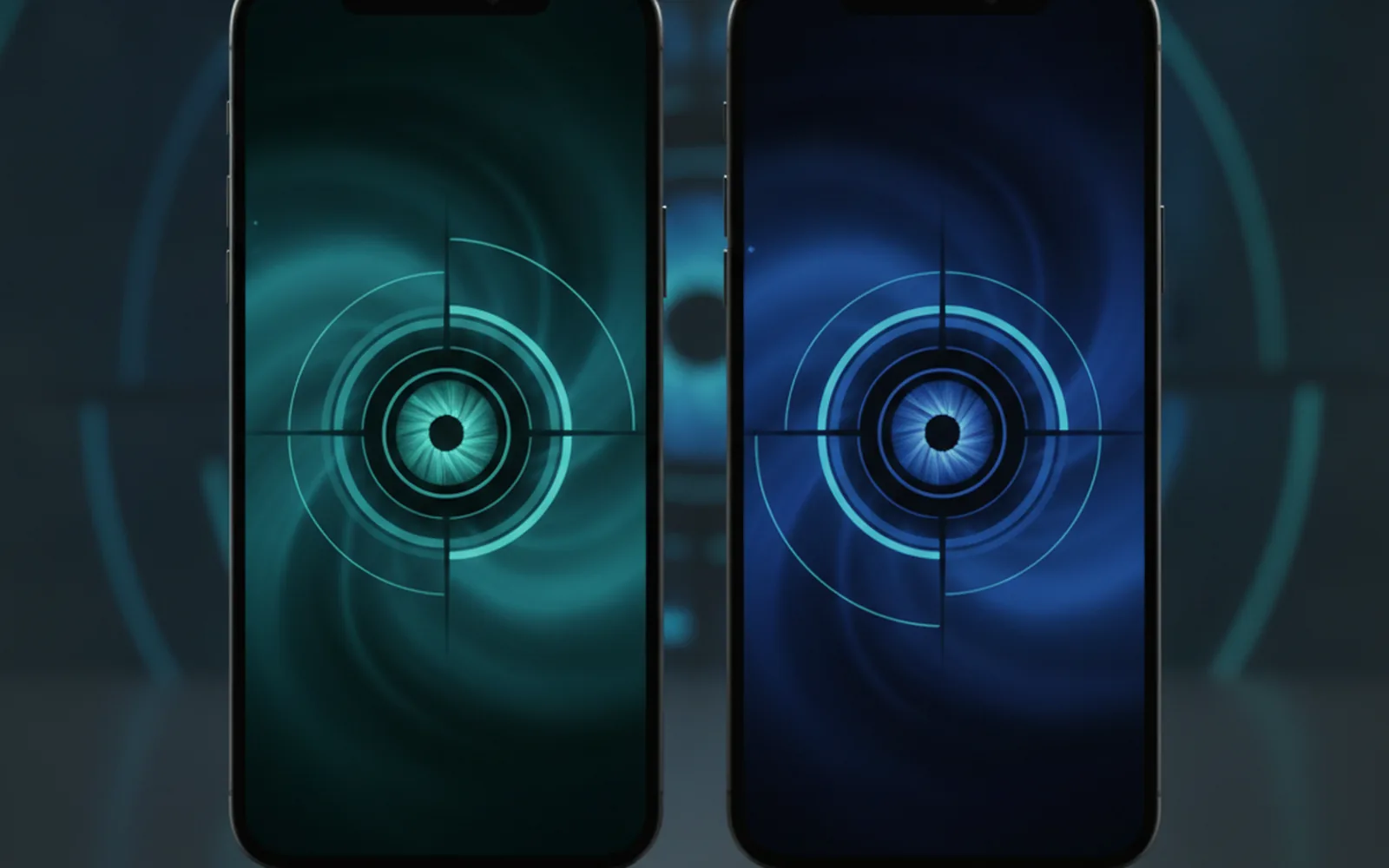 Два iPhone с интерфейсом двойной видеосъёмки на тёмном технологическом фоне